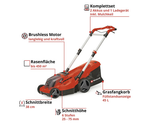 Akku Rasenmäher von Einhell mit Informationen zu Motor, Schnittbreite, Schnitthöhe, Grasfangkorb und Lieferumfang.