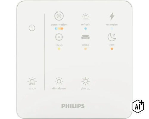 Interrupteur d'éclairage Philips avec divers préréglages pour les modes d'éclairage, la fonction de gradation et le contrôle UVB VitaUP. (Image AI modified or generated)