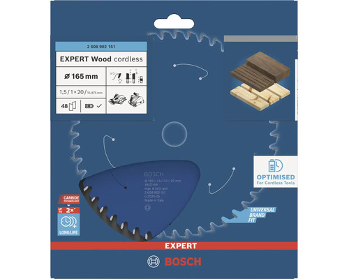 Bosch Kreissägeblatt Expert Wood cordless mit 165 Millimeter Durchmesser, 48 Zähnen, optimiert für Akku-Werkzeuge.