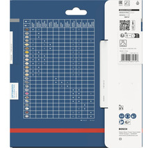 Rückseite der Bosch Verpackung mit einer detaillierten Anwendungstabelle für verschiedene Werkstoffe und Sicherheitshinweisen.