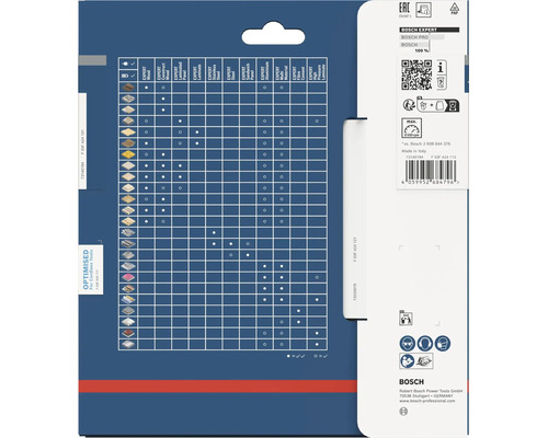 Rückseite der Bosch Verpackung mit einer detaillierten Anwendungstabelle für verschiedene Werkstoffe und Sicherheitshinweisen.