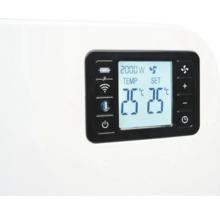 Digitales Bedienfeld eines Elektroheizgeräts mit LCD Anzeige, Temperaturregelung und WLAN Symbol.