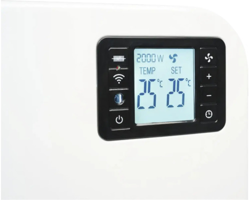 Digitales Bedienfeld eines Elektroheizgeräts mit LCD Anzeige, Temperaturregelung und WLAN Symbol.