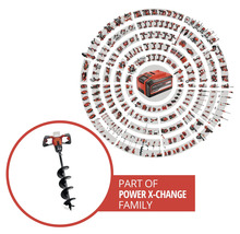 Tarière Einhell de la gamme de systèmes sans fil Power X-Change avec aperçu de divers outils compatibles.