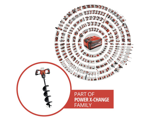 Tarière Einhell de la gamme de systèmes sans fil Power X-Change avec aperçu de divers outils compatibles.