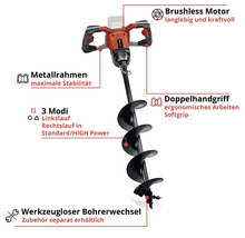 Tarière sans fil Einhell avec moteur sans balais, cadre métallique, double poignée ergonomique, trois modes et changement de mèche sans outil.