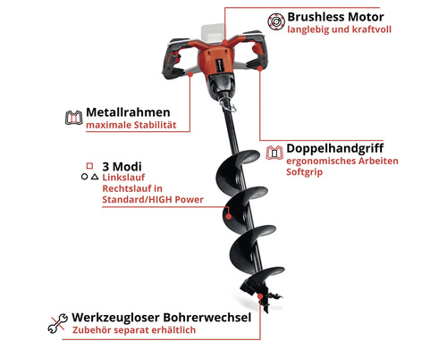 Tarière sans fil Einhell avec moteur sans balais, cadre métallique, double poignée ergonomique, trois modes et changement de mèche sans outil.
