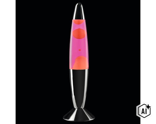 Lampe à lave avec corps en verre cylindrique et pied en métal. (Image AI modified or generated)
