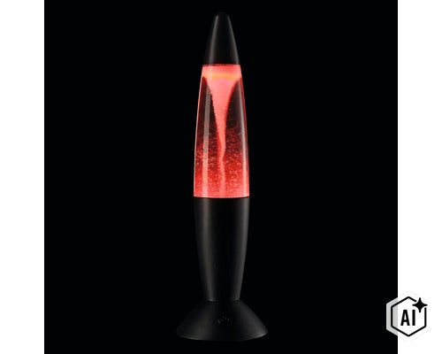 Lampe lave tornade avec base et pointe noires comme lampe de table décorative (Image AI modified or generated)