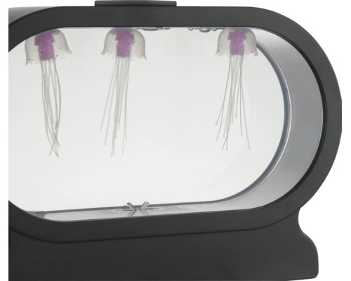 Dekorative Quallenlampe mit drei künstlichen Quallen in einem ovalen Gehäuse mit LED Beleuchtung.