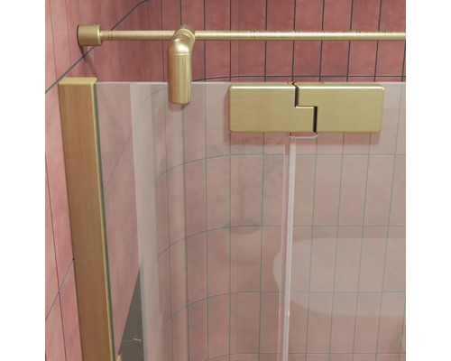 Paroi de douche avec charnière et barre de stabilisation aspect métallique sur fond carrelé.