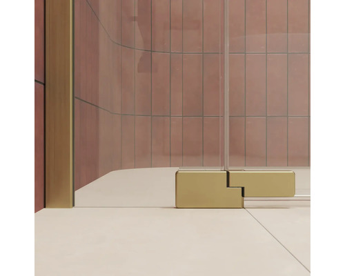 Charnière de paroi de douche en métal aspect doré pour portes de douche en verre dans une salle de bain moderne.