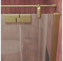 Paroi de douche en verre avec ferrures dorées et barre de stabilisation devant des murs carrelés