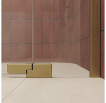 Vue détaillée d une charnière de cabine de douche en métal devant une paroi de douche carrelée.