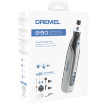 Outil multi-usage sans fil Dremel 8150 avec moteur sans charbon incluant 20 accessoires en emballage.