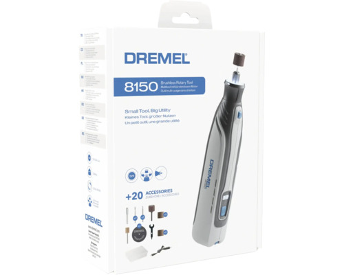 Outil multi-usage sans fil Dremel 8150 avec moteur sans charbon incluant 20 accessoires en emballage.