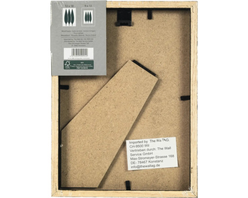 Dos d un cadre photo en bois avec support et crochet, incluant des informations produit et le label Forest Stewardship Council