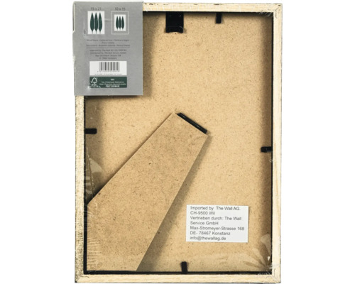 Dos d un cadre photo en bois avec support et label de certification FSC
