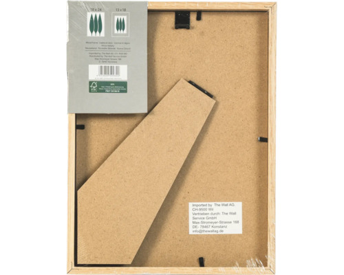 Vue arrière d'un cadre photo en bois de pin avec support pour poser sur des tables.