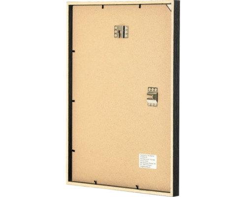 Rückseite eines Bilderrahmens mit Aufhängevorrichtungen und Drehfedern zur Befestigung des Rückwandpanels.