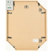 Dos d'un cadre photo en bois avec clips métalliques et attaches pour format portrait et paysage incluant le label de certification FSC