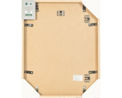 Dos d'un cadre photo en bois avec clips métalliques et attaches pour format portrait et paysage incluant le label de certification FSC