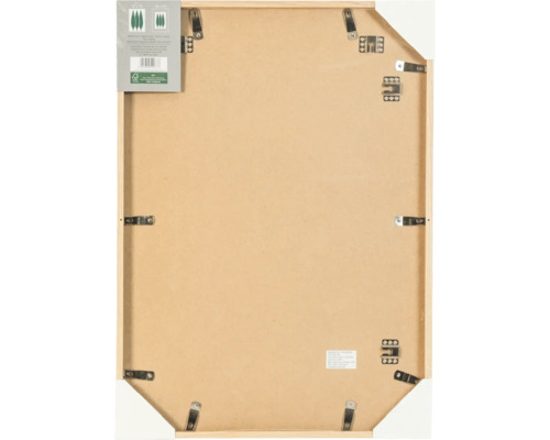 Dos d'un cadre photo en bois avec clips métalliques et dispositif de suspension.