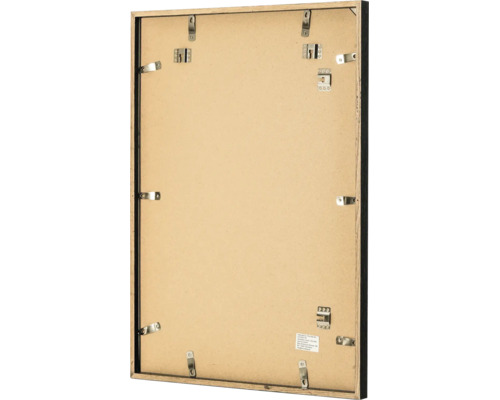 Vue arrière d un cadre photo rectangulaire avec des clips métalliques et des dispositifs de suspension sur un panneau de fibres.