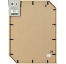 Dos d un cadre en bois rectangulaire avec des clips métalliques et une fixation murale pour accrocher des images.