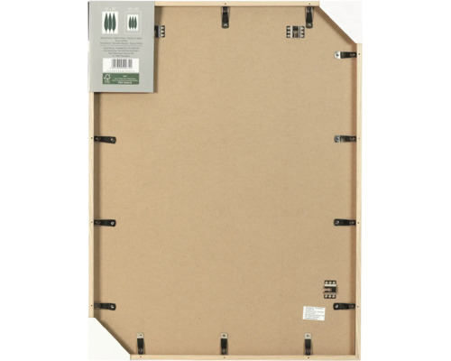 Dos d un cadre en bois rectangulaire avec des clips métalliques et une fixation murale pour accrocher des images.