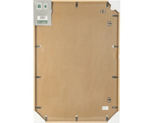 Dos d un cadre photo en bois avec clips métalliques et label de certification FSC