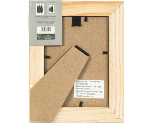 Dos d un cadre photo en bois avec support et label de certification FSC