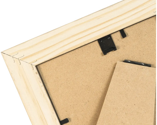 Dos d'un cadre photo en bois avec support et pinces métalliques
