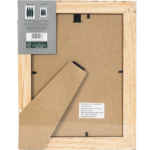 Vue arrière d'un cadre photo en bois avec support et certification FSC