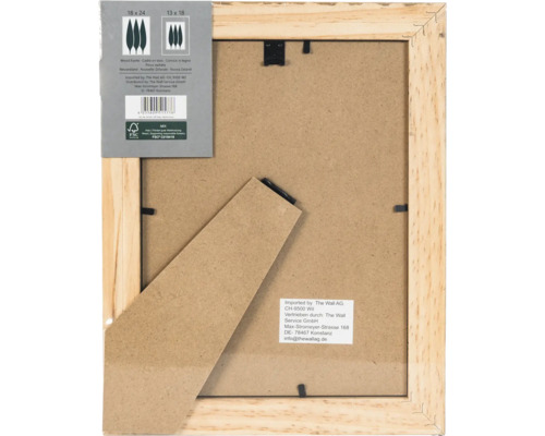 Vue arrière d'un cadre photo en bois avec support et certification FSC