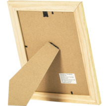 Rückseite eines Holzbilderrahmens mit Aufsteller und Metallklammern
