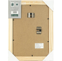 Vue arrière d un cadre photo rectangulaire en bois avec dispositifs de suspension et informations produit