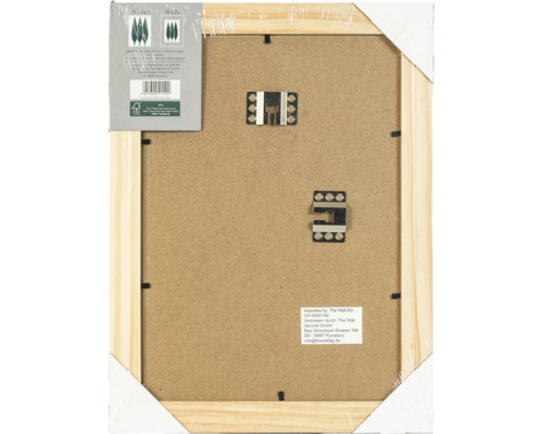 Vue arrière d un cadre photo rectangulaire en bois avec dispositifs de suspension et informations produit