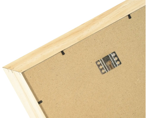 Vue arrière d un cadre photo en bois avec système d accrochage en métal