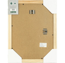 Dos d un cadre photo en bois avec dispositifs de fixation et informations sur le produit