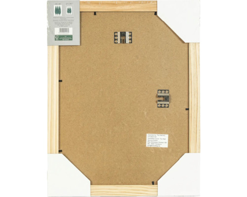 Dos d un cadre photo en bois avec dispositifs de fixation et informations sur le produit