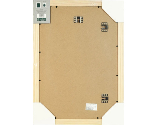 Vue arrière d'un cadre photo rectangulaire en bois avec fixations intégrées et informations produit