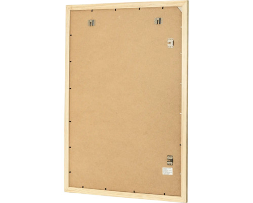 Rückansicht eines rechteckigen Holzbilderrahmens mit Metallaufhängern und MDF Rückwand