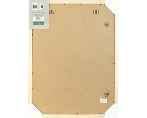 Dos d'un cadre photo en bois avec fixations métalliques et certification FSC.