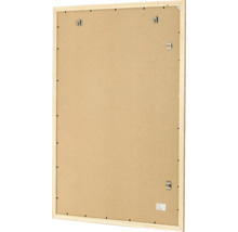 Dos d un cadre photo rectangulaire en bois avec crochets de fixation et ressorts pivotants pour montage mural horizontal ou vertical.