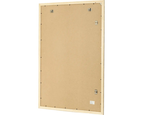 Dos d un cadre photo rectangulaire en bois avec crochets de fixation et ressorts pivotants pour montage mural horizontal ou vertical.