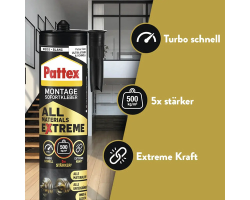 Pattex Montage Sofortkleber in der Kartusche für verschiedene Materialien mit Turbo schneller Aushärtung und hoher Endfestigkeit.