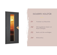 Isolierte Saunaholztür mit Massivholzrahmen, Isolierglas, Rollverschluss und beidseitigem Anschlag.