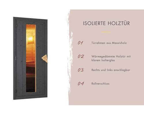 Isolierte Saunaholztür mit Massivholzrahmen, Isolierglas, Rollverschluss und beidseitigem Anschlag.