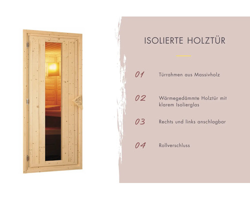 Isolierte Saunaholz-Glastür mit Massivholzrahmen, Wärmedämmung und Rollverschluss, rechts oder links anschlagbar.